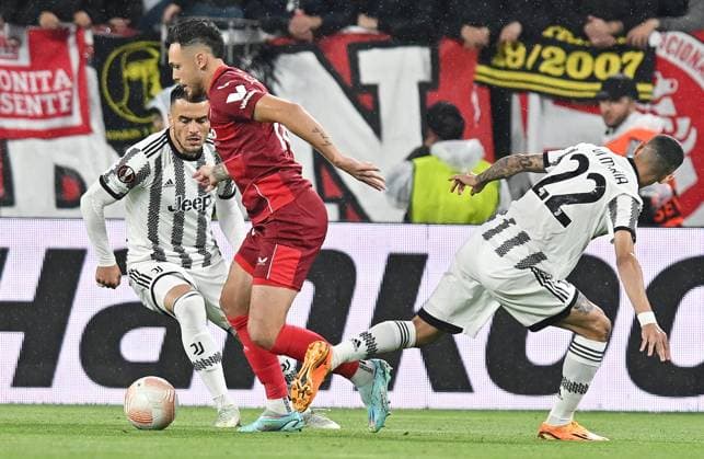 May 11, 2023, TURIN: Juventus Angel Di Maria, Filip Kostic and Sevilla sLucas Ocampos in action during the first leg semifinals of the UEFA Europa League soccer match Juventus FC vs Sevilla FC at the Allianz Stadium in Turin, Italy, 11 May 2023 ANSA ALESSANDRO DI MARCO TURIN - ZUMAa110 20230511_zaf_a110_127 Copyright: xAlessandroxDixMarcox