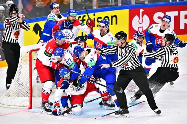 Sport Themen der Woche KW19 Skirmish in front of the Slovak net during the IIHF Ice hockey, Eishockey World Championship, WM, Weltmeisterschaft Group B, Slovakia vs Czech Republic, on May 12, 2023, in Riga, Latvia. (CTKxPhoto DavidxTanecek) CTKPhotoP2023051206096  CTKPhotoP2023051206096