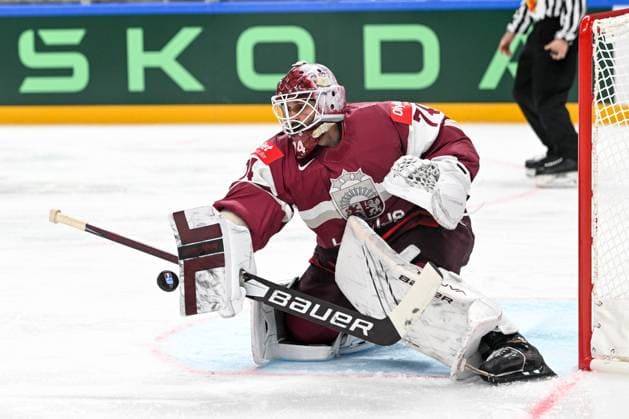 RIGA, LATVIA - MAY 12: goalkeeper Ivars Punnenovs of Latvia stops the puck during the 2023 IIHF Ice hockey, Eishockey World Championship, WM, Weltmeisterschaft Finland - Latvia game between Latvia and Canada at Arena Riga on May 12, 2023 in Riga, Latvia. Riga Arena Riga Latvia Copyright: xJustPictures.ch AndreaxBrancax