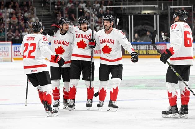 RIGA, LATVIA - MAY 12: Scott Laughton of Canada celebrate after scoring a goal during the 2023 IIHF Ice hockey, Eishockey World Championship, WM, Weltmeisterschaft Finland - Latvia game between Latvia and Canada at Arena Riga on May 12, 2023 in Riga, Latvia. Riga Arena Riga Latvia Copyright: xJustPictures.ch AndreaxBrancax
