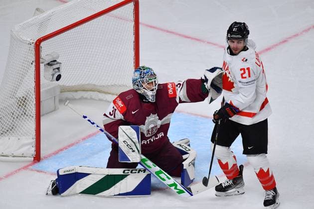 LATVIA, RIGA - 12.05.23: SILOVS Arturs, LAUGHTON Scott. Game Latvia - Canada. IIHF 2023 Ice hockey, Eishockey World Championship, WM, Weltmeisterschaft  Copyright: xVITALIIxKLIUIEVx