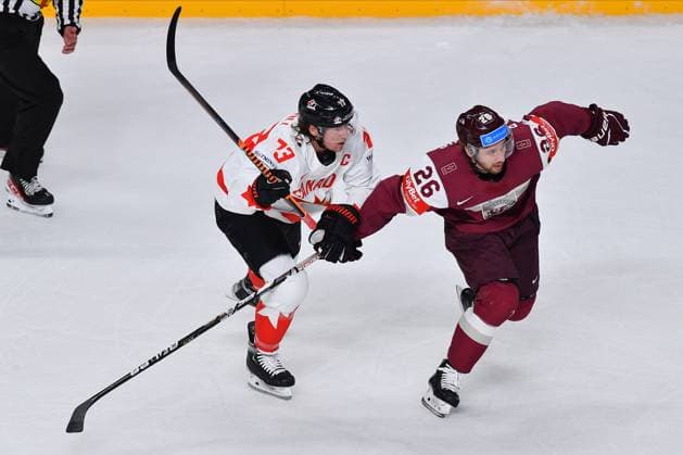 LATVIA, RIGA - 12.05.23: TOFFOLI Tyler, BALINSKIS Uvis Janis. Game Latvia - Canada. IIHF 2023 Ice hockey, Eishockey World Championship, WM, Weltmeisterschaft  Copyright: xVITALIIxKLIUIEVx