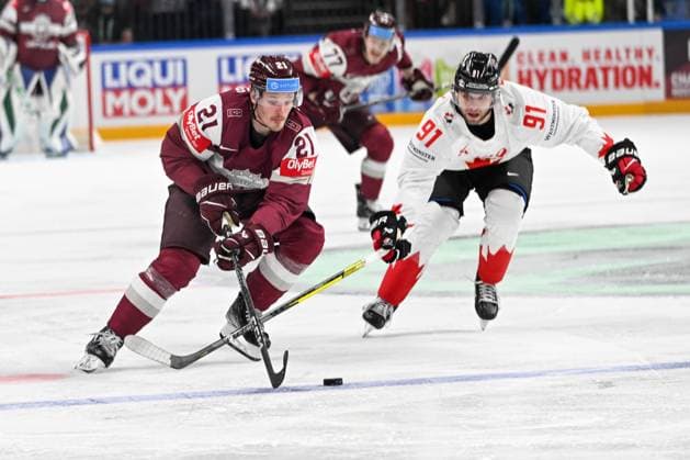 RIGA, LATVIA - MAY 12: Rudolfs Balcers of Latvia skates into the offensive zone during the 2023 IIHF Ice hockey, Eishockey World Championship, WM, Weltmeisterschaft Finland - Latvia game between Latvia and Canada at Arena Riga on May 12, 2023 in Riga, Latvia. Riga Arena Riga Latvia Copyright: xJustPictures.ch AndreaxBrancax