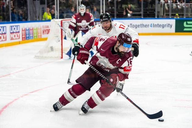 RIGA, LATVIA - MAY 12: Kaspars Daugavins of Latvia in action during the 2023 IIHF Ice hockey, Eishockey World Championship, WM, Weltmeisterschaft Finland - Latvia game between Latvia and Canada at Arena Riga on May 12, 2023 in Riga, Latvia. Riga Arena Riga Latvia Copyright: xJustPictures.ch JarixPestelaccix