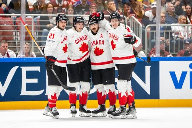 Sport Bilder des Tages RIGA, LATVIA - MAY 12: MacKenzie Weegar of Canada (2nd from R) celebrated for his goal by Cody Glass of Canada (R), Scott Laughton of Canada (L) Jack Quinn of Canada (2nd from L) during the 2023 IIHF Ice hockey, Eishockey World Championship, WM, Weltmeisterschaft Finland - Latvia game between Latvia and Canada at Arena Riga on May 12, 2023 in Riga, Latvia. Riga Arena Riga Latvia Copyright: xJustPictures.ch JarixPestelaccix