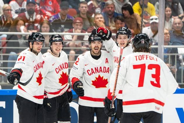 RIGA, LATVIA - MAY 12: MacKenzie Weegar of Canada (C) celebrated for his goal by Cody Glass of Canada (2nd from R), Scott Laughton of Canada (L) Jack Quinn of Canada (2nd from L) and Tyler Toffoli of Canada (R) during the 2023 IIHF Ice hockey, Eishockey World Championship, WM, Weltmeisterschaft Finland - Latvia game between Latvia and Canada at Arena Riga on May 12, 2023 in Riga, Latvia. Riga Arena Riga Latvia Copyright: xJustPictures.ch JarixPestelaccix