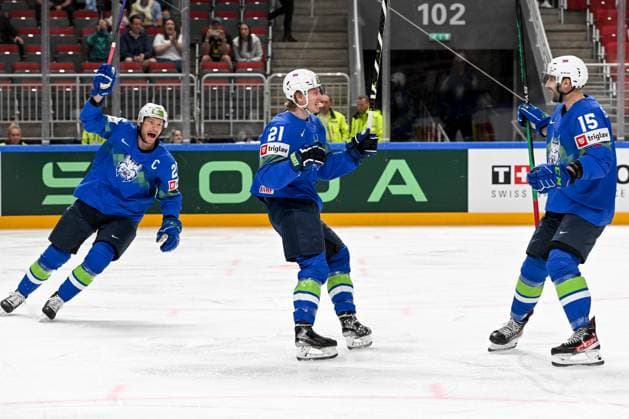 RIGA, LATVIA - MAY 14: Jan Drozg of Slovenia celebrate after scoring a goal during the 2023 IIHF Ice hockey, Eishockey World Championship, WM, Weltmeisterschaft Finland - Latvia game between Slovenia and Canada at Arena Riga on May 14, 2023 in Riga, Latvia. Riga Arena Riga Latvia Copyright: xJustPictures.ch AndreaxBrancax