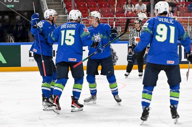 RIGA, LATVIA - MAY 14: Jan Drozg of Slovenia celebrate after scoring a goal during the 2023 IIHF Ice hockey, Eishockey World Championship, WM, Weltmeisterschaft Finland - Latvia game between Slovenia and Canada at Arena Riga on May 14, 2023 in Riga, Latvia. Riga Arena Riga Latvia Copyright: xJustPictures.ch AndreaxBrancax