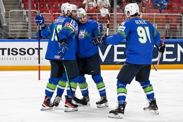 RIGA, LATVIA - MAY 14: Jan Drozg of Slovenia celebrate after scoring a goal during the 2023 IIHF Ice hockey, Eishockey World Championship, WM, Weltmeisterschaft Finland - Latvia game between Slovenia and Canada at Arena Riga on May 14, 2023 in Riga, Latvia. Riga Arena Riga Latvia Copyright: xJustPictures.ch AndreaxBrancax