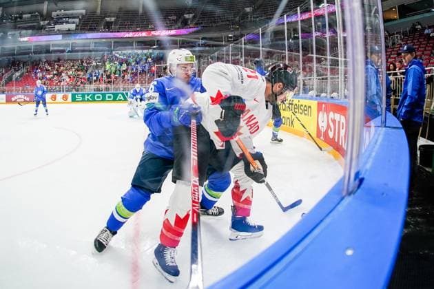 RIGA, LATVIA - MAY 14: Bine Masic of Slovenia (L) try to stop Scott Laughton of Canada (R) during the 2023 IIHF Ice hockey, Eishockey World Championship, WM, Weltmeisterschaft Finland - Latvia game between Slovenia and Canada at Arena Riga on May 14, 2023 in Riga, Latvia. Riga Arena Riga Latvia Copyright: xJustPictures.ch JarixPestelaccix