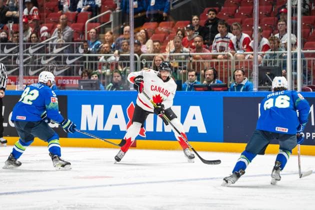 RIGA, LATVIA - MAY 14: Pierre-Olivier Joseph of Canada in action during the 2023 IIHF Ice hockey, Eishockey World Championship, WM, Weltmeisterschaft Finland - Latvia game between Slovenia and Canada at Arena Riga on May 14, 2023 in Riga, Latvia. Riga Arena Riga Latvia Copyright: xJustPictures.ch JarixPestelaccix