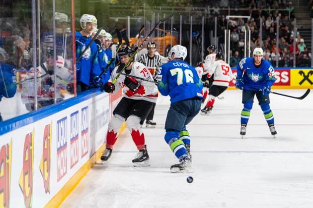 RIGA, LATVIA - MAY 14: Kristjan Cepon of Slovenia (R) against Samuel Blais of Canada (L) during the 2023 IIHF Ice hockey, Eishockey World Championship, WM, Weltmeisterschaft Finland - Latvia game between Slovenia and Canada at Arena Riga on May 14, 2023 in Riga, Latvia. Riga Arena Riga Latvia Copyright: xJustPictures.ch JarixPestelaccix
