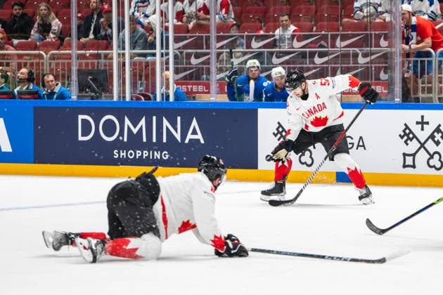 RIGA, LATVIA - MAY 14: MacKenzie Weegar of Canada (R) stopping a flying puck at the blue line during the 2023 IIHF Ice hockey, Eishockey World Championship, WM, Weltmeisterschaft Finland - Latvia game between Slovenia and Canada at Arena Riga on May 14, 2023 in Riga, Latvia. Riga Arena Riga Latvia Copyright: xJustPictures.ch JarixPestelaccix