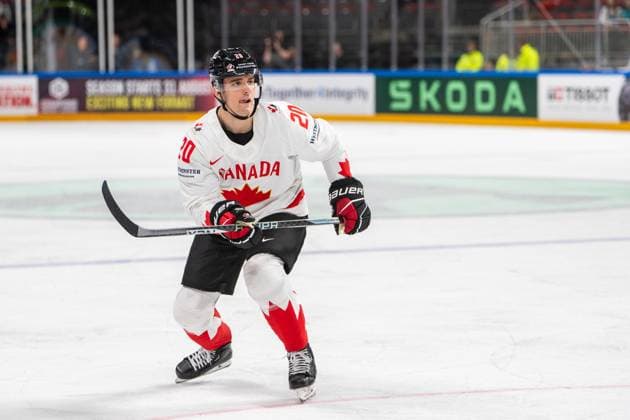 RIGA, LATVIA - MAY 14: Justin Barron of Canada in action during the 2023 IIHF Ice hockey, Eishockey World Championship, WM, Weltmeisterschaft Finland - Latvia game between Slovenia and Canada at Arena Riga on May 14, 2023 in Riga, Latvia. Riga Arena Riga Latvia Copyright: xJustPictures.ch JarixPestelaccix