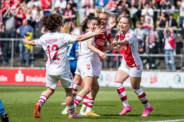 FLYERALARM. Frauen Fussball Bundesliga, 1. FC Koeln - SV Meppen 1912 e.V. Jubel zum 1:0 durch Weronika Zaistowska (1. FC Koeln, 24) FLYERALARM Frauen Fussball Bundesliga, 1. FC Koeln - SV Meppen 1912 e.V., Koeln, Geissbockheim am 14.05.2023 DFB REGULATIONS PROHIBIT ANY USE OF PHOTOGRAPHS AS IMAGE SEQUENCES AND OR QUASI-VIDEO. Copyright: xBEAUTIFULxSPORTS Wunderlx