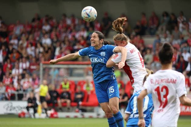 Kristina Maksuti (Meppen), Myrthe Moorrees (Köln), 1. FC Köln - SV Meppen, Flyeralarm Frauen Bundesliga, 20. Spieltag, Köln, Deutschland, 14.05.2023.
