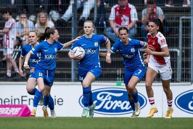 FLYERALARM. Frauen Fussball Bundesliga, 1. FC Koeln - SV Meppen 1912 e.V. Jubel zum 1:1 durch Isabella Jaron (SV Meppen 1912 e.V., 24) FLYERALARM Frauen Fussball Bundesliga, 1. FC Koeln - SV Meppen 1912 e.V., Koeln, Geissbockheim am 14.05.2023 DFB REGULATIONS PROHIBIT ANY USE OF PHOTOGRAPHS AS IMAGE SEQUENCES AND OR QUASI-VIDEO. Copyright: xBEAUTIFULxSPORTS Wunderlx