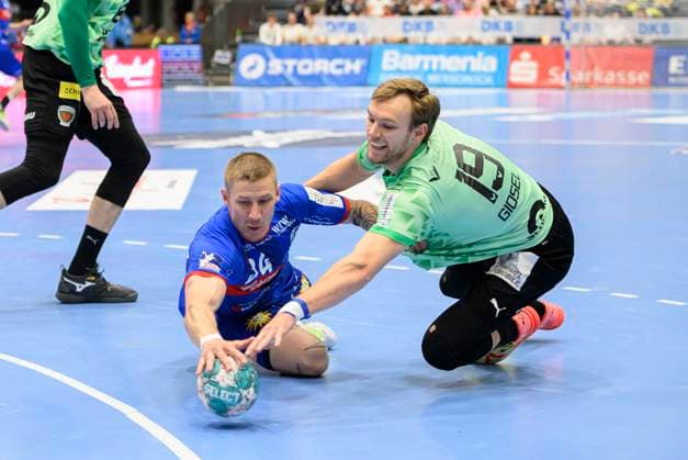 v.l. Linus ARNESSON (BHC), Mathias GIDSEL (B), Aktion, Zweikampf, Handball 1. Bundesliga, 30. Spieltag, Bergischer HC (BHC) - Fuechse Berlin (B), am 14.05.2023 in Duesseldorf Deutschland. Ã‚Â