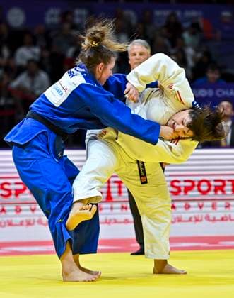 Sport Themen der Woche KW19 (230515) -- DOHA, May 15, 2023 -- Anna Monta Olek (L) of Germany competes against Sophio Somkhishvili of Georgia during the women s +70kg competition of the mixed team event s bronze medal match at the World Judo Championships Doha 2023 in Doha, Qatar on May 14, 2023. (Photo by Nikku Xinhua) (SP)QATAR-DOHA-JUDO-WORLD CHAMPIONSHIPS WangxQiang 