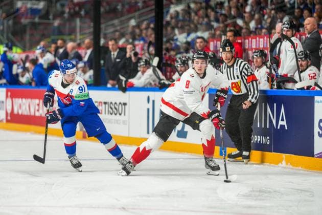 RIGA, LATVIA - MAY 15: Cody Glass of Canada (R) in action followed by Matus Sukel of Slovakia (L) during the 2023 IIHF Ice hockey, Eishockey World Championship, WM, Weltmeisterschaft Finland - Latvia game between Slovakia and Canada at Arena Riga on May 15, 2023 in Riga, Latvia. Riga Arena Riga Latvia Copyright: xJustPictures.ch JarixPestelaccix