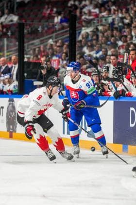 RIGA, LATVIA - MAY 15: Cody Glass of Canada (L) against Matus Sukel of Slovakia (R) during the 2023 IIHF Ice hockey, Eishockey World Championship, WM, Weltmeisterschaft Finland - Latvia game between Slovakia and Canada at Arena Riga on May 15, 2023 in Riga, Latvia. Riga Arena Riga Latvia Copyright: xJustPictures.ch JarixPestelaccix