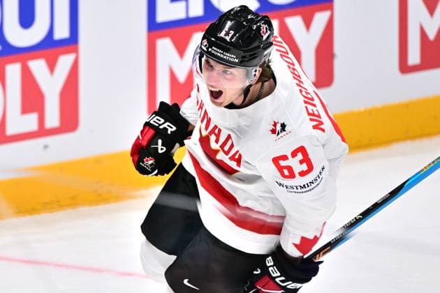 Jake Neighbours (CAN) celebrates his goal during the IIHF Ice hockey, Eishockey World Championship, WM, Weltmeisterschaft Group B match Slovakia vs Canada, on May 15, 2023, in Riga, Latvia. (CTKxPhoto DavidxTanecek) CTKPhotoP2023051505135  CTKPhotoP2023051505135