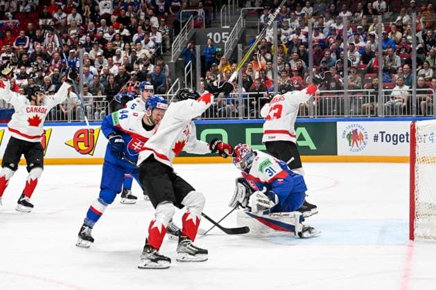 RIGA, LATVIA - MAY 15: Jake Neighbours of Canada celebrate after scoring a goal during the 2023 IIHF Ice hockey, Eishockey World Championship, WM, Weltmeisterschaft Finland - Latvia game between Slovakia and Canada at Arena Riga on May 15, 2023 in Riga, Latvia. Riga Arena Riga Latvia Copyright: xJustPictures.ch AndreaxBrancax