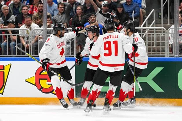RIGA, LATVIA - MAY 15: Jake Neighbours of Canada celebrate after scoring a goal during the 2023 IIHF Ice hockey, Eishockey World Championship, WM, Weltmeisterschaft Finland - Latvia game between Slovakia and Canada at Arena Riga on May 15, 2023 in Riga, Latvia. Riga Arena Riga Latvia Copyright: xJustPictures.ch AndreaxBrancax