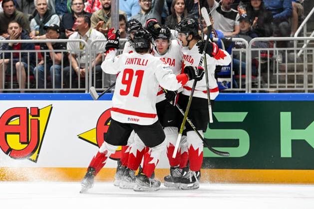 RIGA, LATVIA - MAY 15: Jake Neighbours of Canada celebrate after scoring a goal during the 2023 IIHF Ice hockey, Eishockey World Championship, WM, Weltmeisterschaft Finland - Latvia game between Slovakia and Canada at Arena Riga on May 15, 2023 in Riga, Latvia. Riga Arena Riga Latvia Copyright: xJustPictures.ch AndreaxBrancax