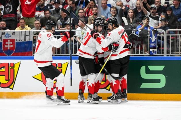 RIGA, LATVIA - MAY 15: Jake Neighbours of Canada celebrate after scoring a goal during the 2023 IIHF Ice hockey, Eishockey World Championship, WM, Weltmeisterschaft Finland - Latvia game between Slovakia and Canada at Arena Riga on May 15, 2023 in Riga, Latvia. Riga Arena Riga Latvia Copyright: xJustPictures.ch AndreaxBrancax