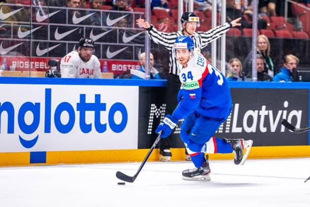 RIGA, LATVIA - MAY 15: Peter Cehlarik of Slovakia in action during the 2023 IIHF Ice hockey, Eishockey World Championship, WM, Weltmeisterschaft Finland - Latvia game between Slovakia and Canada at Arena Riga on May 15, 2023 in Riga, Latvia. Riga Arena Riga Latvia Copyright: xJustPictures.ch JarixPestelaccix