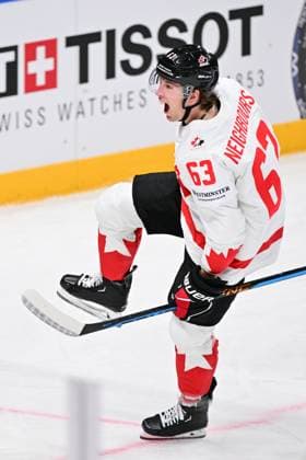Jake Neighbours (CAN) celebrates his goal during the IIHF Ice hockey, Eishockey World Championship, WM, Weltmeisterschaft Group B match Slovakia vs Canada, on May 15, 2023, in Riga, Latvia. (CTKxPhoto DavidxTanecek) CTKPhotoP2023051505398  CTKPhotoP2023051505398