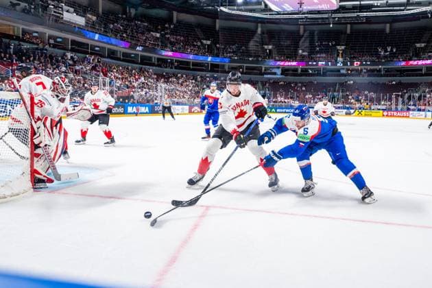 RIGA, LATVIA - MAY 15: Tyler Myers of Canada (C) against Simon Nemec of Slovakia (R) during the 2023 IIHF Ice hockey, Eishockey World Championship, WM, Weltmeisterschaft Finland - Latvia game between Slovakia and Canada at Arena Riga on May 15, 2023 in Riga, Latvia. Riga Arena Riga Latvia Copyright: xJustPictures.ch JarixPestelaccix