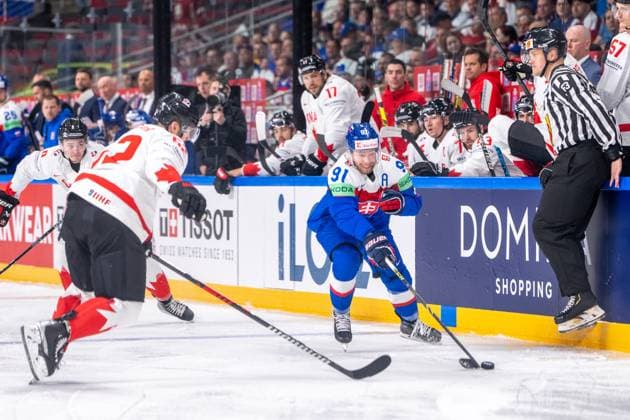 RIGA, LATVIA - MAY 15: Matus Sukel of Slovakia (R) in action during the 2023 IIHF Ice hockey, Eishockey World Championship, WM, Weltmeisterschaft Finland - Latvia game between Slovakia and Canada at Arena Riga on May 15, 2023 in Riga, Latvia. Riga Arena Riga Latvia Copyright: xJustPictures.ch JarixPestelaccix