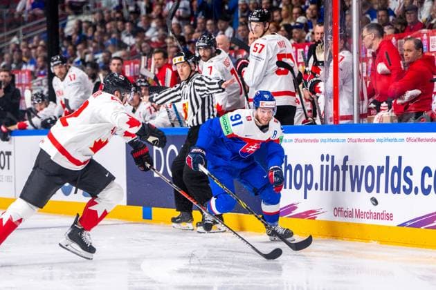 RIGA, LATVIA - MAY 15: Matus Sukel of Slovakia (R) against MacKenzie Weegar of Canada during the 2023 IIHF Ice hockey, Eishockey World Championship, WM, Weltmeisterschaft Finland - Latvia game between Slovakia and Canada at Arena Riga on May 15, 2023 in Riga, Latvia. Riga Arena Riga Latvia Copyright: xJustPictures.ch JarixPestelaccix