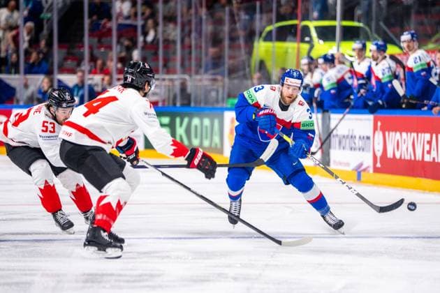 RIGA, LATVIA - MAY 15: Adam Janosik of Slovakia (R) in action during the 2023 IIHF Ice hockey, Eishockey World Championship, WM, Weltmeisterschaft Finland - Latvia game between Slovakia and Canada at Arena Riga on May 15, 2023 in Riga, Latvia. Riga Arena Riga Latvia Copyright: xJustPictures.ch JarixPestelaccix