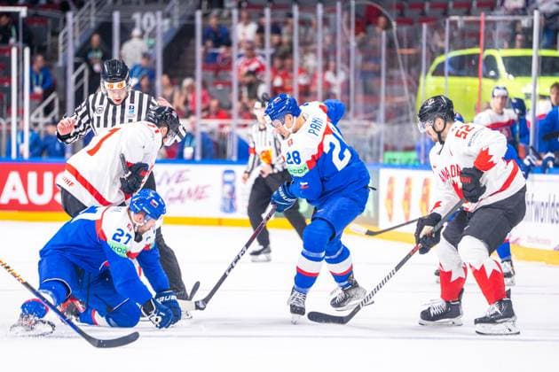 RIGA, LATVIA - MAY 15: Richard Panik of Slovakia (C) taking the puck at the face-off during the 2023 IIHF Ice hockey, Eishockey World Championship, WM, Weltmeisterschaft Finland - Latvia game between Slovakia and Canada at Arena Riga on May 15, 2023 in Riga, Latvia. Riga Arena Riga Latvia Copyright: xJustPictures.ch JarixPestelaccix