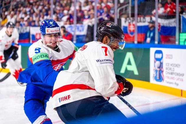 RIGA, LATVIA - MAY 15: Simon Nemec of Slovakia (L) make a hit on Pierre-Olivier Joseph of Canada (R) during the 2023 IIHF Ice hockey, Eishockey World Championship, WM, Weltmeisterschaft Finland - Latvia game between Slovakia and Canada at Arena Riga on May 15, 2023 in Riga, Latvia. Riga Arena Riga Latvia Copyright: xJustPictures.ch JarixPestelaccix