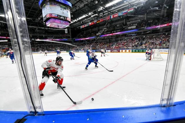 RIGA, LATVIA - MAY 15: Michael Carcone of Canada in action during the 2023 IIHF Ice hockey, Eishockey World Championship, WM, Weltmeisterschaft Finland - Latvia game between Slovakia and Canada at Arena Riga on May 15, 2023 in Riga, Latvia. Riga Arena Riga Latvia Copyright: xJustPictures.ch AndreaxBrancax