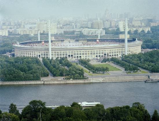 July, 1979. Moscow, USSR. A view of the Grand Sports Arena of the Central Lenin Stadium and Luzhnetskaya Embankment of the Moskva River from the Leninskiye Gory (Lenin Hills). The exact date of the photograph is unknown. TASS  22494056