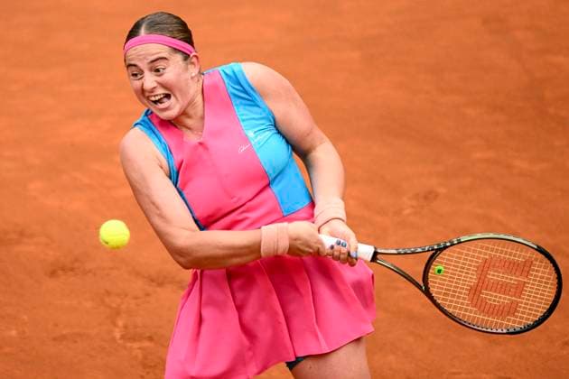 Jelena Ostapenko of Latvia in action during her match against Paula Badosa of Spain at the Internazionali BNL d Italia tennis tournament at Foro Italico in Rome, Italy on May 17th, 2023. antoniettaxbaldassarre