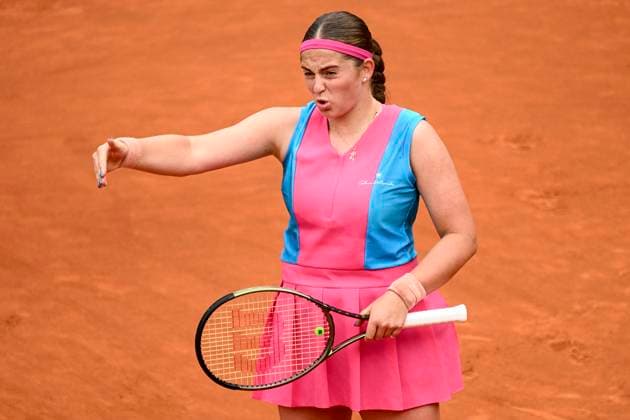 Jelena Ostapenko of Latvia gestures during her match against Paula Badosa of Spain at the Internazionali BNL d Italia tennis tournament at Foro Italico in Rome, Italy on May 17th, 2023. antoniettaxbaldassarre