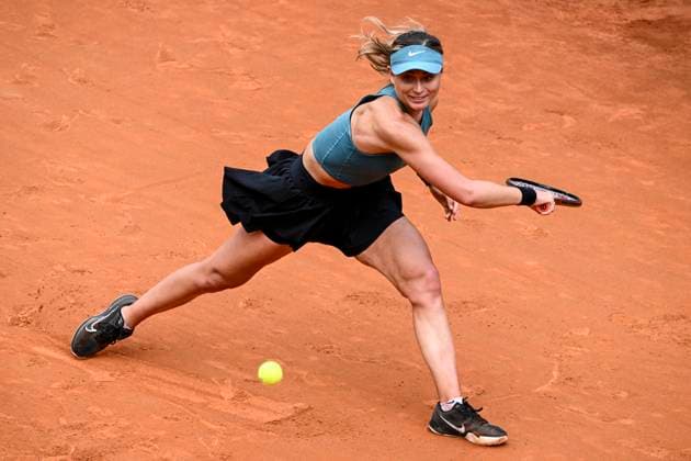 Paula Badosa of Spain in action during her match against Jelena Ostapenko of Latvia at the Internazionali BNL d Italia tennis tournament at Foro Italico in Rome, Italy on May 17th, 2023. antoniettaxbaldassarre