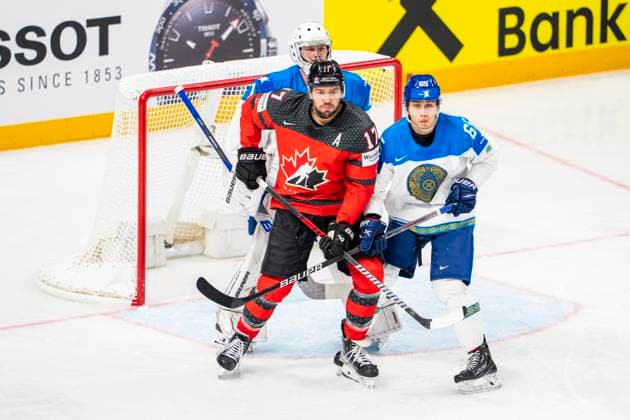RIGA, LATVIA - MAY 17: Milan Lucic of Canada (L) fighting for a position into the slot against Samat Daniyar of Kazakhstan (R) during the 2023 IIHF Ice hockey, Eishockey World Championship, WM, Weltmeisterschaft Finland - Latvia game between Canada and Kazakhstan at Arena Riga on May 17, 2023 in Riga, Latvia. Riga Arena Riga Latvia Copyright: xJustPictures.ch JarixPestelaccix