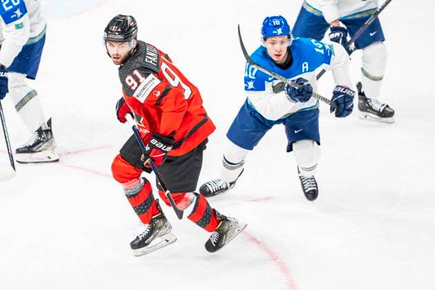 RIGA, LATVIA - MAY 17: Adam Fantilli of Canada (L) in action chased by Nikita Mikhailis of Kazakhstan (R) during the 2023 IIHF Ice hockey, Eishockey World Championship, WM, Weltmeisterschaft Finland - Latvia game between Canada and Kazakhstan at Arena Riga on May 17, 2023 in Riga, Latvia. Riga Arena Riga Latvia Copyright: xJustPictures.ch JarixPestelaccix