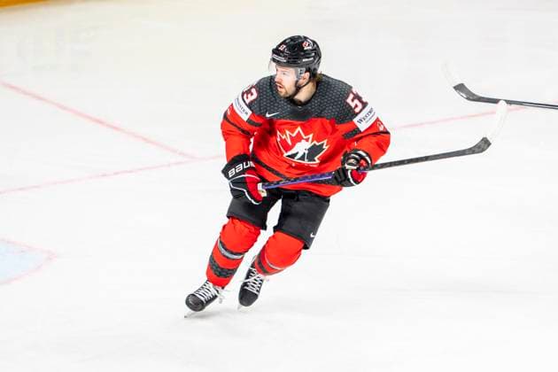 RIGA, LATVIA - MAY 17: Michael Carcone of Canada in action during the 2023 IIHF Ice hockey, Eishockey World Championship, WM, Weltmeisterschaft Finland - Latvia game between Canada and Kazakhstan at Arena Riga on May 17, 2023 in Riga, Latvia. Riga Arena Riga Latvia Copyright: xJustPictures.ch JarixPestelaccix