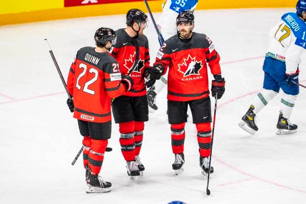RIGA, LATVIA - MAY 17: MacKenzie Weegar of Canada (R), Jack Quinn of Canada (L) celebrating their goal during the 2023 IIHF Ice hockey, Eishockey World Championship, WM, Weltmeisterschaft Finland - Latvia game between Canada and Kazakhstan at Arena Riga on May 17, 2023 in Riga, Latvia. Riga Arena Riga Latvia Copyright: xJustPictures.ch JarixPestelaccix