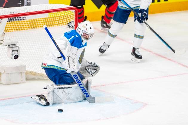 RIGA, LATVIA - MAY 17: goalkeeper Nikita Boyarkin of Kazakhstan saves during the 2023 IIHF Ice hockey, Eishockey World Championship, WM, Weltmeisterschaft Finland - Latvia game between Canada and Kazakhstan at Arena Riga on May 17, 2023 in Riga, Latvia. Riga Arena Riga Latvia Copyright: xJustPictures.ch JarixPestelaccix