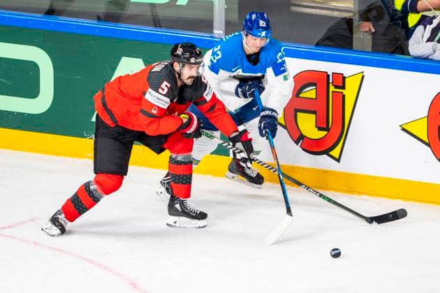 RIGA, LATVIA - MAY 17: Jacob Middleton of Canada (L) against Maxim Mukhametov of Kazakhstan (R) during the 2023 IIHF Ice hockey, Eishockey World Championship, WM, Weltmeisterschaft Finland - Latvia game between Canada and Kazakhstan at Arena Riga on May 17, 2023 in Riga, Latvia. Riga Arena Riga Latvia Copyright: xJustPictures.ch JarixPestelaccix