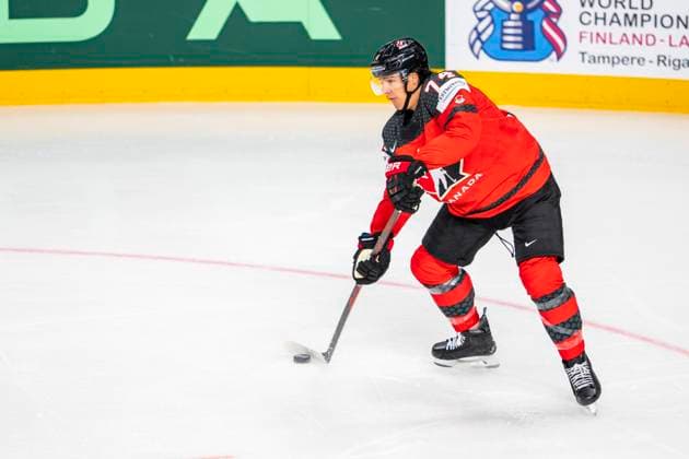 RIGA, LATVIA - MAY 17: Ethan Bear of Canada in action during the 2023 IIHF Ice hockey, Eishockey World Championship, WM, Weltmeisterschaft Finland - Latvia game between Canada and Kazakhstan at Arena Riga on May 17, 2023 in Riga, Latvia. Riga Arena Riga Latvia Copyright: xJustPictures.ch JarixPestelaccix